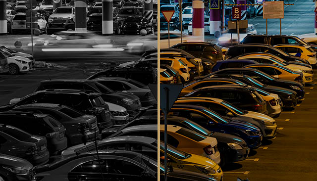 Parking Cars in Night in Black & White and Color