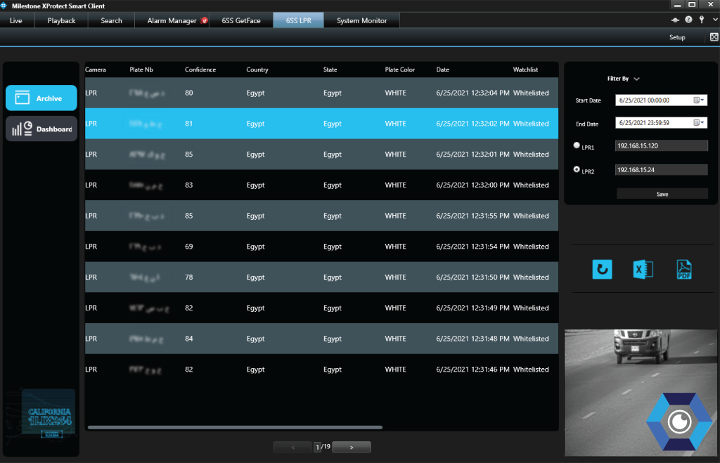 Results in the Archive After ANPR Performed by Carmen® ANPR Image