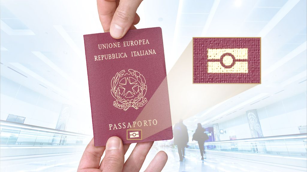 Italian Passport with RFID Tag Symbol Emphasized