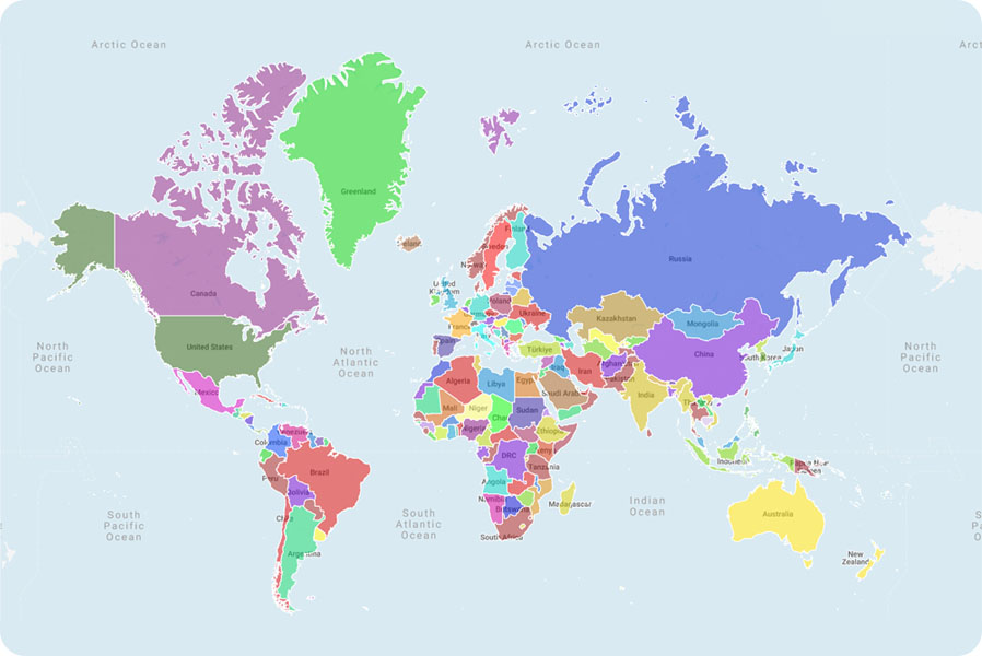 world map, countries marked with different colors