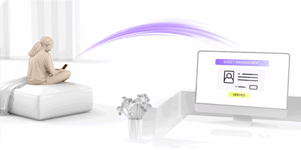 3D rendering of a modern hotel bedroom featuring a smart TV on the wall displaying a secure digital checkout interface with a green checkmark confirming successful document submission and bill payment.
