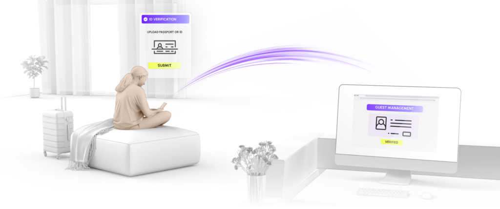 3D rendering of a modern hotel bedroom featuring a smart TV on the wall displaying a secure digital checkout interface with a green checkmark confirming successful document submission and bill payment.